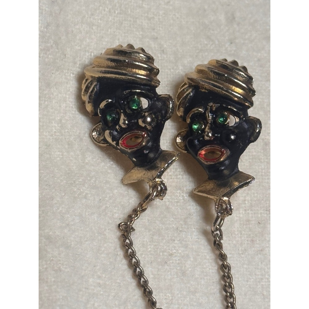 VTG Blackamoor Head Figure 1" Pin Brooch Pair Green Eyes Sweater Clips - Picture 3 of 5